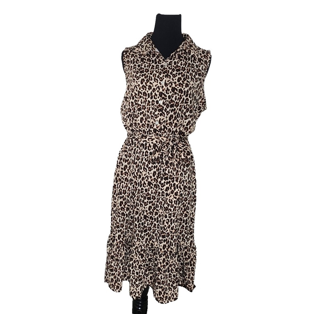 Leopard Print Women Midi Sleeveless Dress Elastic Waist  Ruffled Hem Size L